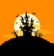 Scary halloween background with castle and trees
