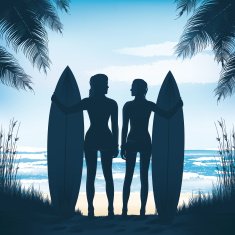 Two beautiful Surfers Girls standing at the beach N2