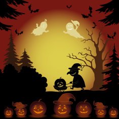 Halloween landscape ghosts pumpkins and witch N2