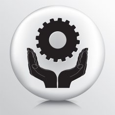 Round Icon With Two Hands Cupping a Cog Gear Silhouette N2
