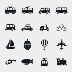 Vector monochrome transport and vehicle icons