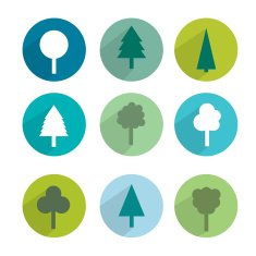 Set of green trees modern circle sign shadows icons