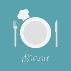 Fork plate knife and chefs hat Menu card Flat design