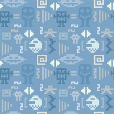 Blue denim seamless pattern with pixel monsters