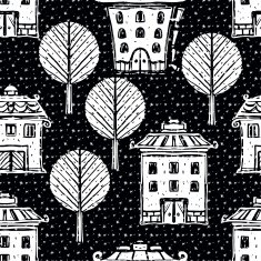 Seamless pattern with trees houses ssnowflakes N2