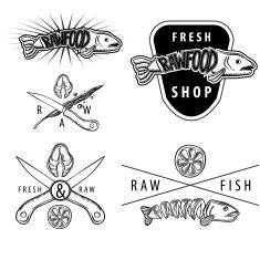 Set of raw food salmon vintage badges