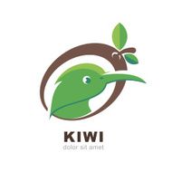 Head of kiwi bird and fruit with green leaves