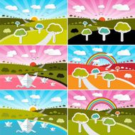 Landscape Field Set - Six Flat Design Vector Nature Illustrations