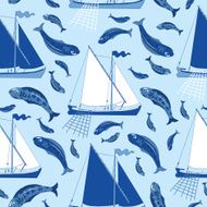 Seamless background with fishing boats and fish catch