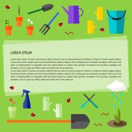 conceptual illustration with garden tools isolated on fresh green background