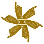 Six pointing hands abstract symbol with hexagonal star