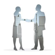 double exposure handshake businessman on city background