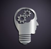 Flat metallic logo head with mechanical gears