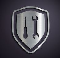 Flat metallic logo shield with tools