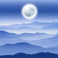 Background with fullmoon and mountains in the fog