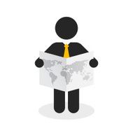 black figure with a yellow tie viewing the world map
