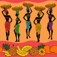 African seamless pattern of fruits and beautiful street vendors