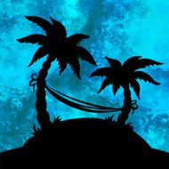 Watercolor blue background coconut palm trees hammock