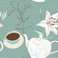 Seamless background with cups teapot and lilies N2