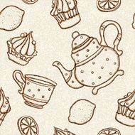 Seamless pattern with teacup teapot lemons and cakes