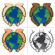 Character pair of hands holding the planet Earth ethnicities