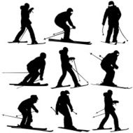 Mountain skier men and woman speeding down slope N2