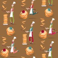 Cook boy tosses pancake in frying pan Seamless background pattern N2