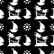 Seamless pattern with coconut palm trees clouds yacht sun