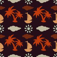 Seamless pattern with coconut palm trees clouds yacht sun N2
