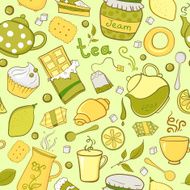 Tea and sweets seamless pattern in doodle style N2