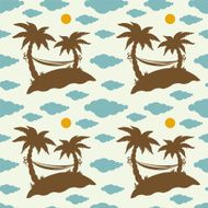 Seamless pattern with coconut palm trees clouds hammock sun N7