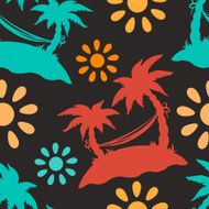 Seamless pattern with coconut palm trees clouds hammock sun N8