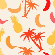 Seamless pattern with silhouettes coconut palm trees pineapples bananas