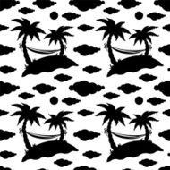 Seamless pattern with coconut palm trees clouds hammock N5