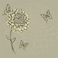 beautiful flower with butterflies Hand-drawn contour lines and watercolor effect