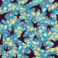 swallow silhouette on abstract colored feathers