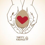 Easter greeting card with human hands holding knitted egg