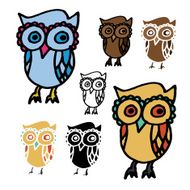 Cartoon Owl with Variations - Stencil silhouette and Colored Versions N6