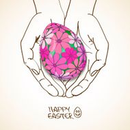 Easter greeting card with human hands holding egg