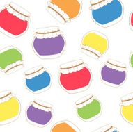 Seamless texture of colorful jam jars on white background