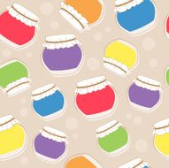 Seamless texture of colorful jam jars on beige background