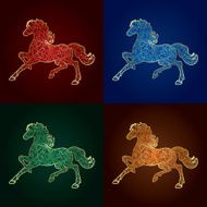 Set of vintage horse silhouette on colored background N2