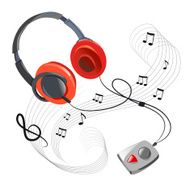 Music icon and headphones on a white background