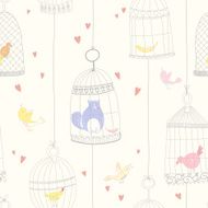 Seamless pattern with a cat birds and birdcages N2