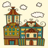 Set of isolated colored houses and clouds