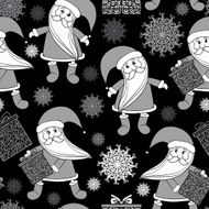 Seamless pattern with Santa Clauses gifts and snowflakes