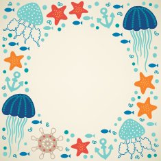 Frame with sea animals anchors and helm