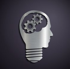 Flat metallic logo head with mechanical gears