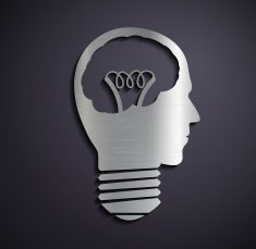 Flat metallic logo bulb of a human head