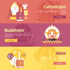 Flat banner concepts for islam buddhism catholicism Religion concept N2